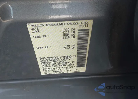 2015 Nissan Altima 2.5 S из США, поврежденный, VIN 1N4AL3AP4FC458694